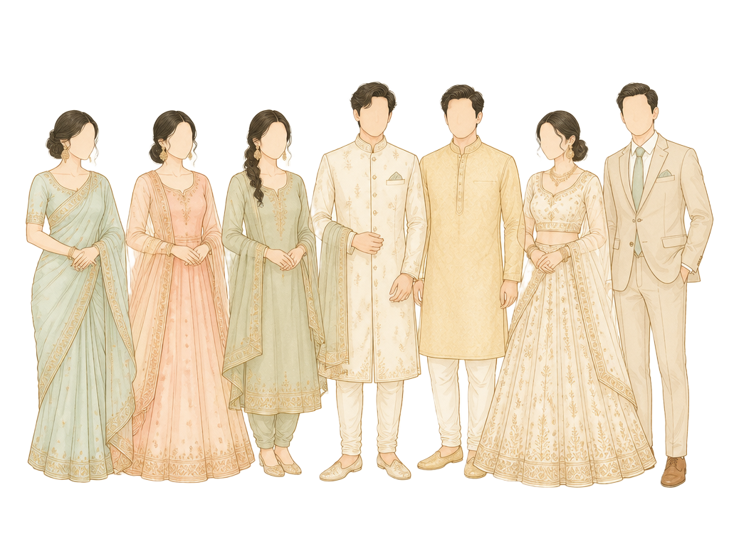 Illustration of guests in formal evening attire
