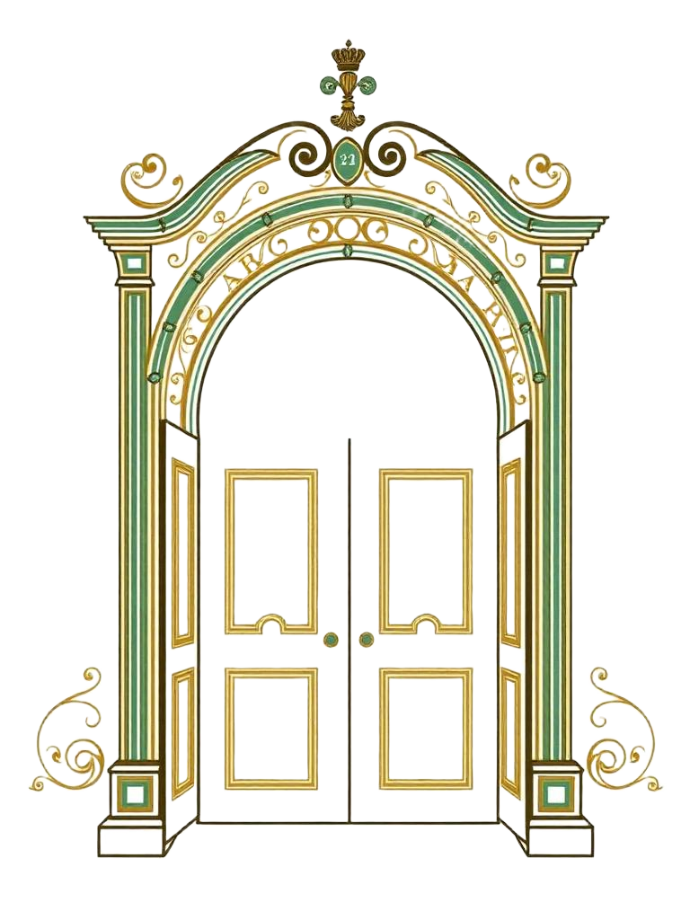 Illustration of an ornate green and gold wedding gateway