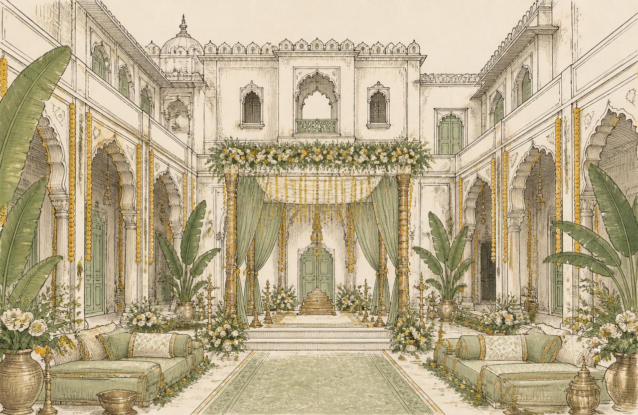 Illustration of a heritage haveli courtyard decorated with marigolds for a wedding
